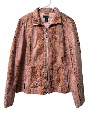 Dialogue Pink Snake-Print Zip Front Faux Leather Jacket